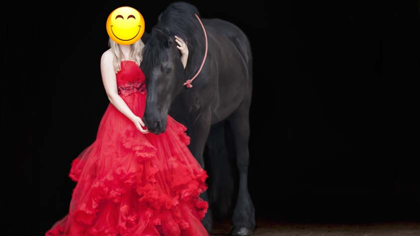rotes bodenlanges Kleid für die Pferdefotografie